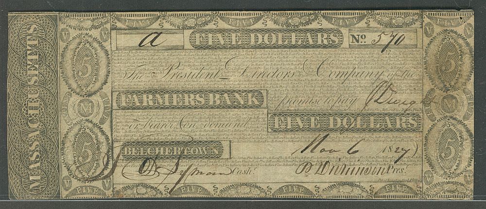 Belchertown, Massachusetts, MA-75; G14a,  November 6, 1827 $5 Farmers Bank, VF, 570